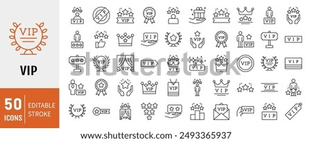 Set of 50 VIP Icon. Editable stroke. VIP Related icons Pixel perfect. Contains such Icons as Special Guests List, Red Carpet, VIP Line and more