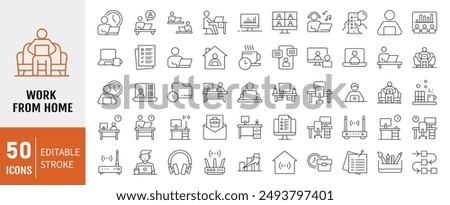 Work from home Line Editable Icons set. Work from home icons Pixel perfect. Contains such Icons as freelancer, hybrid work, digital nomad, Remote work, Video Conference and more.