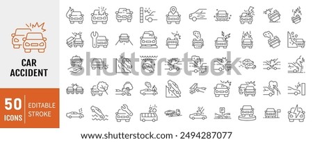 Vector line set of icons related to car accident. Contains monochrome icons like car, collision, crash, accident and more. Simple outline sign.