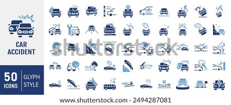 Set of 50 icons related to car accident. Contains icons like car, collision, crash, accident and more. Solid icons vector collection.