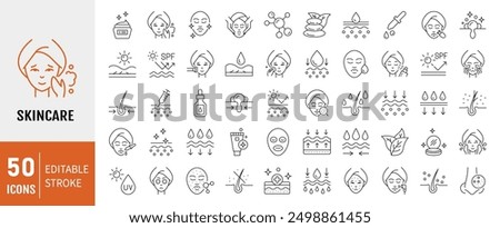 Skin care line icons set. Moisture cream, acid, anti wrinkle serum, ceramide, collagen, retinol compound, sunscreen vector illustration. Editable Stroke