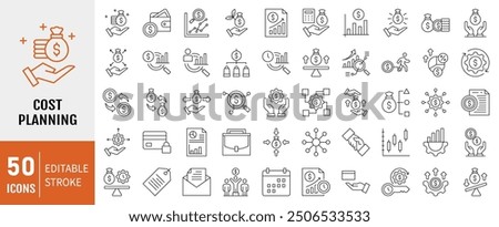 Cost planning icon collection set. Containing budget, expense, investment, estimate, overhead, funding icon. Simple line vector.