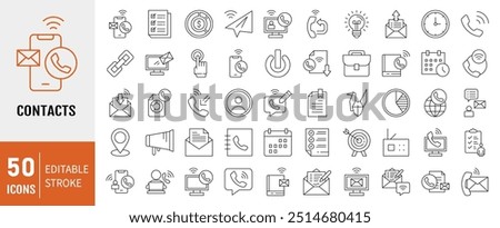 Contacts icon collection. Containing phone, email, chat, location, calendar icon. Simple line vector.