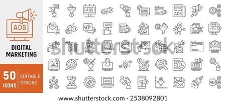 Digital Marketing Icon Collection Set. Containing Customer, Community, Video Marketing, Strategy. Simple line vector illustration.