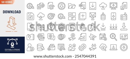 Download Editable Stroke Line Icon set. Containing upload, document, download file, folder, data and PDF icons. Vector Illustration.