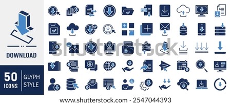 Download Icon Collection set. Containing upload, document, download file, folder, data and PDF icons. Vector Illustration.