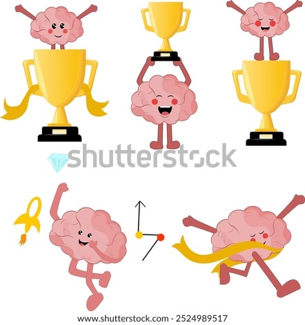 one set Successful Business Clipart Hd PNG, Business Achievement Concept Vector Best Workers Celebrating Success Attainment Management Goal Victory Golden Cup Award brain Flat Cartoon 