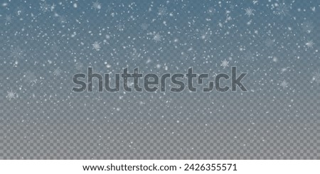 Christmas background with small falling snowflakes. Snow storm effect, blurred, cold wind with snow png. Holiday powder snow for cards, invitations, banners, advertising.