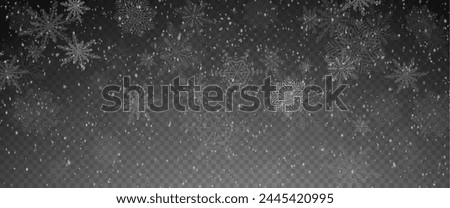 Christmas background with small falling snowflakes. Snow storm effect, blurred, cold wind with snow png. Holiday powder snow for cards, invitations, banners, advertising.