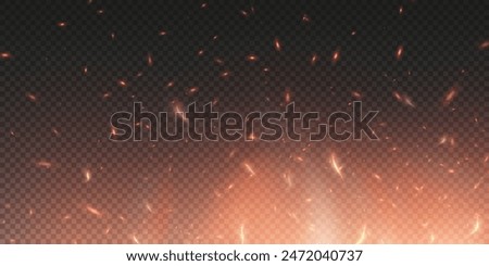 Burning hot sparks effect with embers burning ash and smoke flying in the air. Burning glowing particles. Flame of fire with sparks isolated on a black transparent background. Flame png.