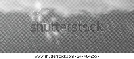 Raindrops on transparent background. Storm with rain and white cloud isolated on transparent background. Downpour, hail rainy weather. png realistic lightning light.