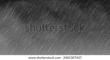 Raindrops on transparent background. Storm with rain and white cloud isolated on transparent background. Downpour, hail rainy weather. Rain and snow, rain and hail png.