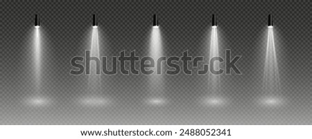 The vector set of light includes a light source, studio lighting, walls, and a PNG. It also includes spotlight lighting and a spotlight PNG. Finally, it includes light beams and a light effect.