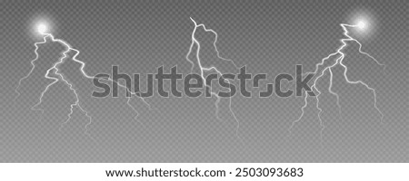 Realistic lightning flash effect, thunderstorm and lightning. Shining white lightning isolated on transparent background, natural phenomenon png.