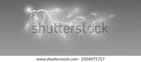 Realistic lightning flash effect, thunderstorm and lightning. Shining white lightning isolated on transparent background, natural phenomenon png.