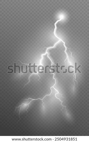 Realistic lightning flash effect, thunderstorm and lightning. Shining white lightning isolated on transparent background, natural phenomenon png.