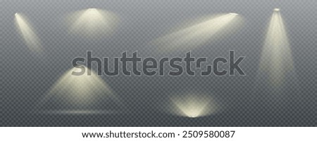 The vector set of light includes a light source, studio lighting, walls, and a PNG. It also includes spotlight lighting and a spotlight PNG. Finally, it includes light beams and a light effect.