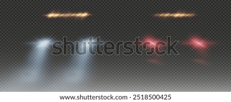 Realistic car headlights. Train moving effect, vector bright lights on transparent background png.	