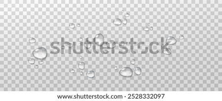 Realistic vector water drops png on a transparent light background. Water condensation on the surface with light reflection and realistic shadow. 3d vector illustration