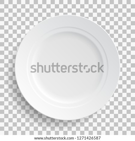 White dish plate isolated on transparent background. Kitchen dishes for food, kitchen, porcelain dishware. Vector illustration for your product, tableware design element.