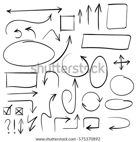 Arrows and abstract shapes doodle writing design vector set, black
