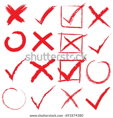 Cross and Hook Check Mark Collection. Icons Set, Red on White Background. Vector Illustration.