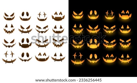 Spooky glowing face isolated on a dark background, Funny, and scary eyes and mouth. Emojis for Halloween day, Flat cartoon flat style. illustration Vector EPS 10