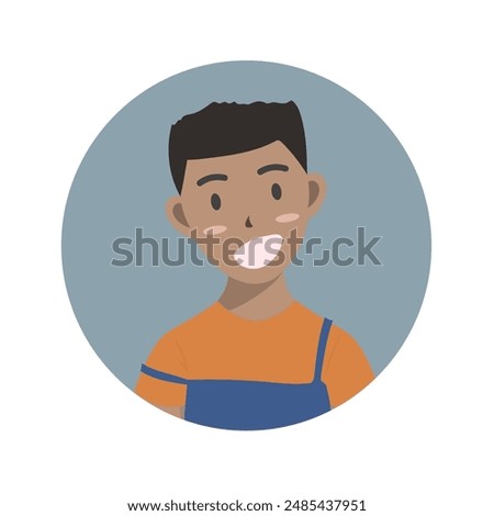 Face of a black boy wearing an orange shirt and blue dungarees, character face vector isolated on white background, Vector illustration EPS 10