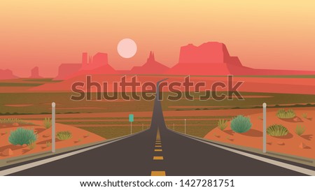 Forrest Gump Point, Monument Valley, Arizona. Highway in Monument Valley, Navajo Tribal Park. Vector illustration