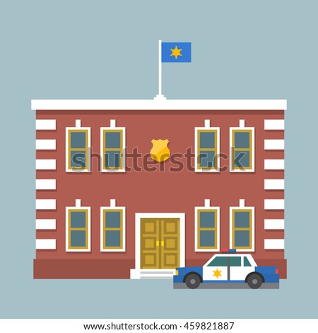Police station with flag and shield sign. ?ity police department red brick building and car. Infographic element. Flat style vector illustration