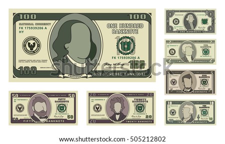 Money bill icons. Detailed currency banknotes. Cartoon american dollars. Flat vector illustration