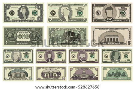 Vector cartoon dollar banknotes isolated on white background illustration. Every denomination of US currency note. Back sides of money bills
