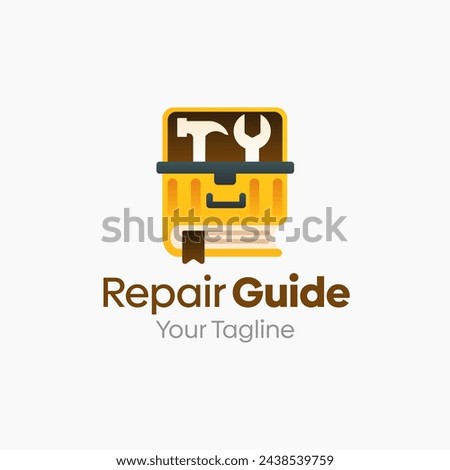 Illustration Vector Graphic Logo of Repair Guide. Merging Concepts of a Book and box with hammer and wrench. Good for Education, Course, Learning, Academy etc