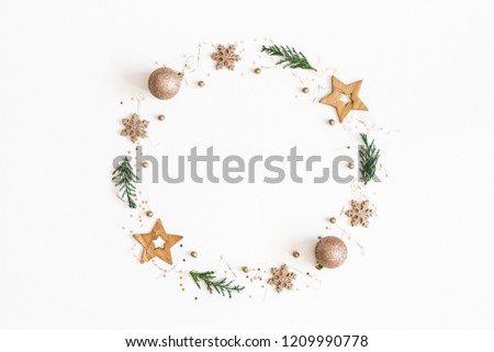 Similar – Image, Stock Photo Christmas composition. Wreath made of fir tree branches and festive pine cones on a red background, top view