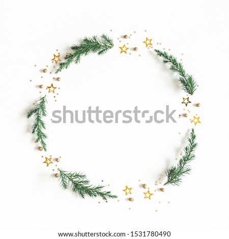 Similar – Image, Stock Photo Christmas composition. Round frame of red and golden Christmas baubles and festive ribbons on dark background, top view