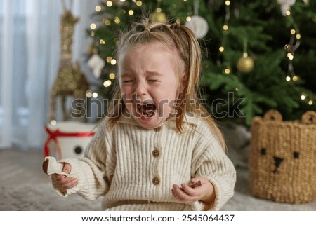 Similar – Image, Stock Photo Two children with Christmas or Santa Claus caps look arm in arm out the window and wait for Christmas