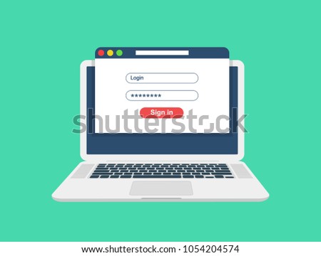 Laptop with login and password form page on screen. Sign in to account, user authorization, login authentication page concept. Username, password fields. Flat design, vector illustration on background