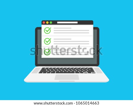 Checklist browser window. Check mark. White tick on laptop screen. Choice, survey concepts. Elements for web banners, websites, infographics. Flat design, vector illustration on background