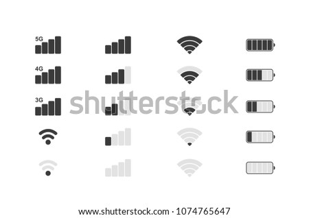 Mobile phone system icons. Wifi signal strength, battery charge level. Vector illustration