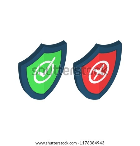 Shields and check marks icons isometric set. Red and green shield with checkmark and x mark. Protect sensitive data, Internet security, reliability concepts. Vector illustration on background.