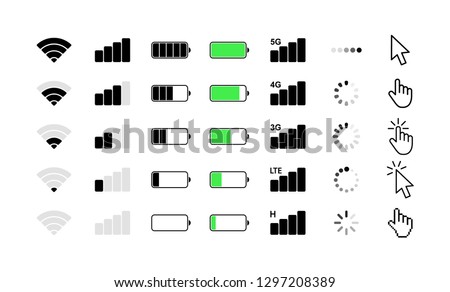 Mobile phone system icons. Wifi signal strength, battery charge level, loading, download, cursor. Vector illustration