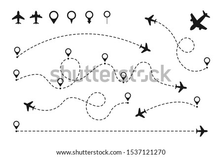 Airplane routes set. Plane paths. Aircraft tracking, planes, travel, map pins, location pins. Vector illustration.