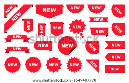 New Label collection set. Sale tags. Discount red ribbons, banners and icons. Shopping Tags. Sale icons. Red isolated on white background, vector illustration.