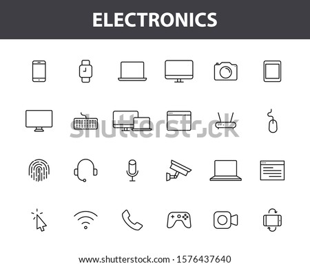 Set of 24 Electronics and Devices web icons in line style. Device, phone, laptop, communication, smartphone, ecommerce. Vector illustration.