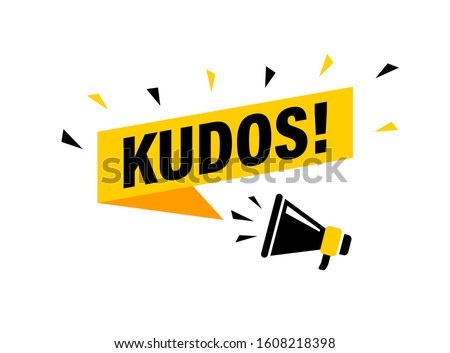 Male hand holding megaphone with Kudos speech bubble. Loudspeaker. Banner for business, marketing and advertising. Vector illustration.