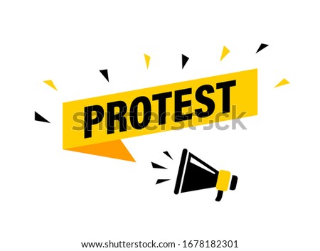 Male hand holding megaphone with protest speech bubble. Loudspeaker. Banner for business, marketing and advertising. Vector illustration.