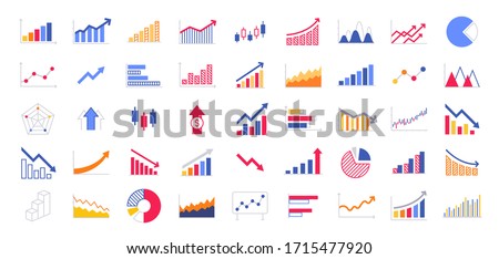 Business graphs and charts icons. Business infographics icons. Statistic and data, charts diagrams, money, down or up arrow, economy reduction. Financial chart. Vector illustration.