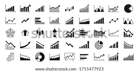 Business graphs and charts icons. Business infographics icons. Statistic and data, charts diagrams, money, down or up arrow, economy reduction. Financial chart. Vector illustration.