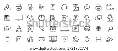 Set of 40 Office and workplace web icons in line style. Teamwork, workplace, coffee, work, business, employee. Vector illustration.