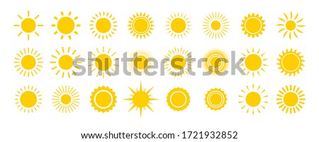 Sun icon set. Yellow sun star icons collection. Summer, sunlight, nature, sky. Vector illustration isolated on white background.